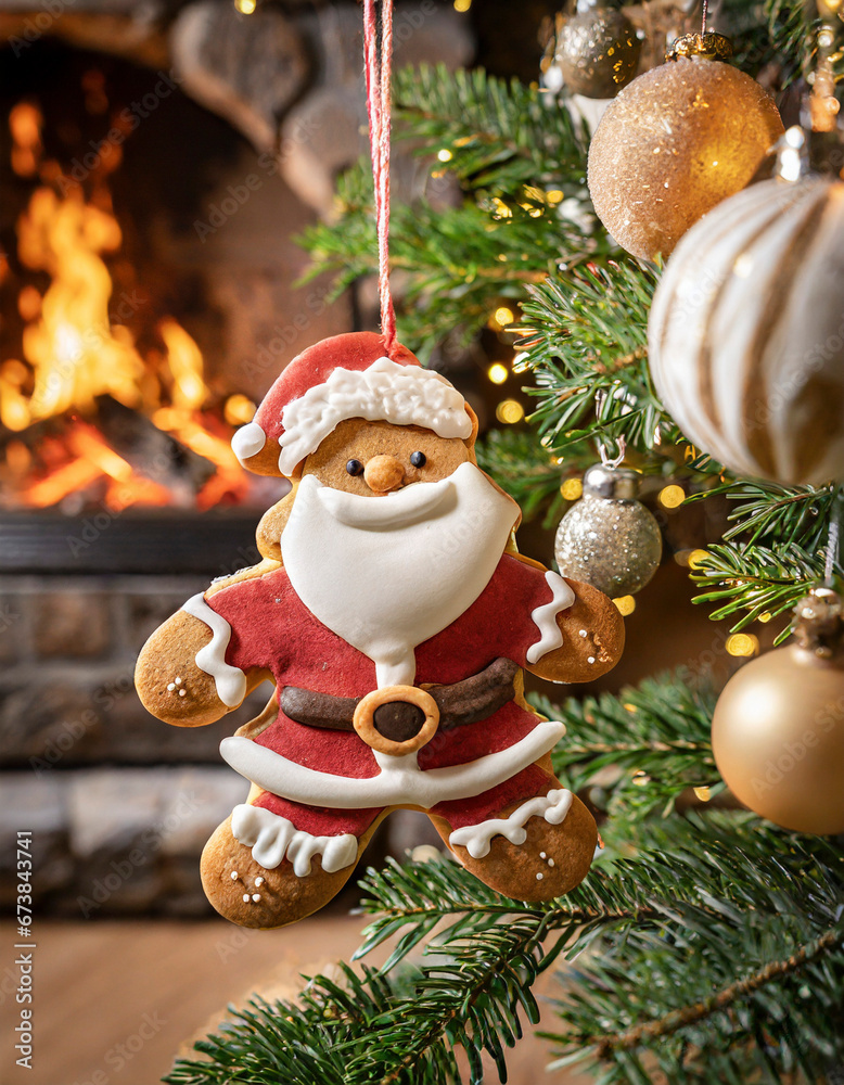 Petit Père Noël suspendu à un sapin dans une maison Petit Père Noël suspendu à un sapin dans une maison