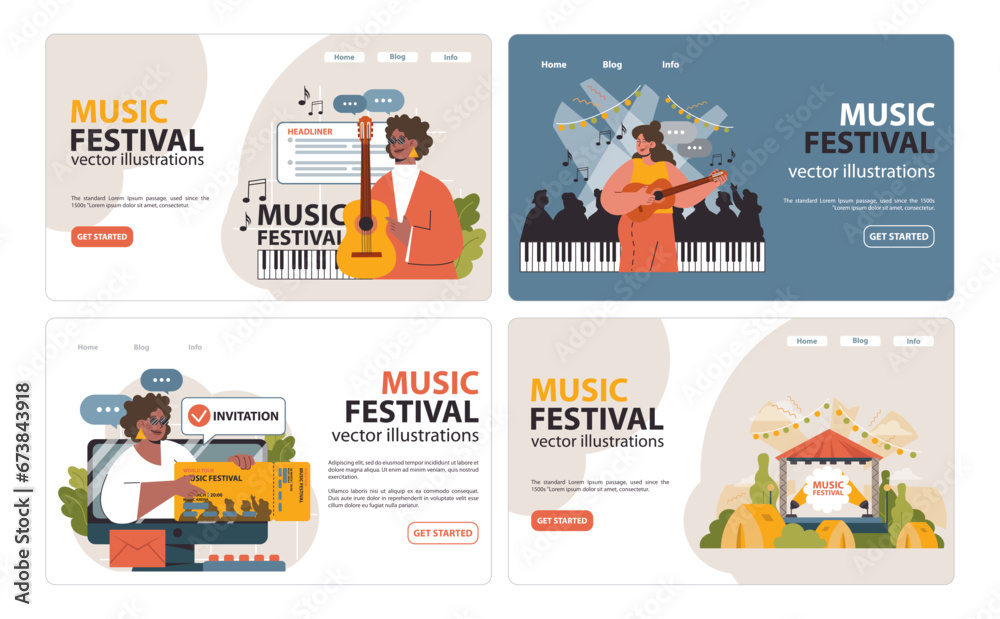 Music Festival set. Vibrant artists perform live, fans enjoy melodies, invites on screens, stage in nature. Flat vector illustration.