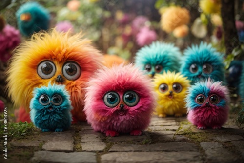 company of cute fluffy multi-colored monsters with big eyes, their multi-colored appearance, their big eyes, and the playful and friendly atmosphere they create. Generative AI.