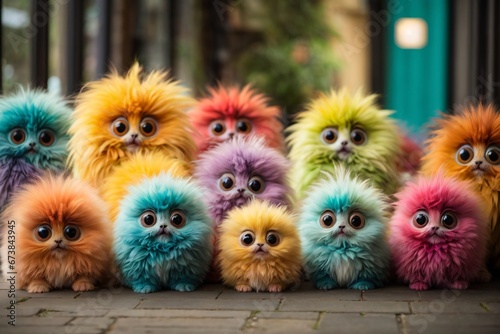 company of cute fluffy multi-colored monsters with big eyes  their multi-colored appearance  their big eyes  and the playful and friendly atmosphere they create. Generative AI.