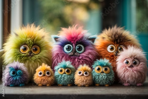 company of cute fluffy multi-colored monsters with big eyes  their multi-colored appearance  their big eyes  and the playful and friendly atmosphere they create. Generative AI.