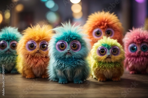 company of cute fluffy multi-colored monsters with big eyes, their multi-colored appearance, their big eyes, and the playful and friendly atmosphere they create. Generative AI.