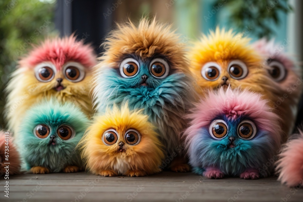company of cute fluffy multi-colored monsters with big eyes, their multi-colored appearance, their big eyes, and the playful and friendly atmosphere they create. Generative AI.