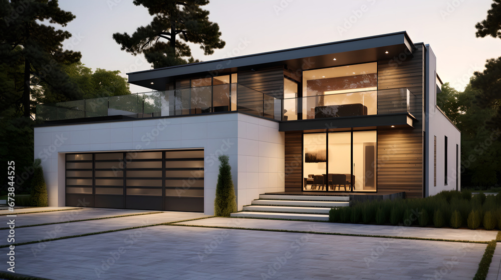 Modern Architectural Elegance, Sleek Contemporary Home at Dusk, Home Design Concept Art, Generative AI