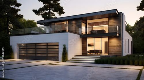 Modern Architectural Elegance, Sleek Contemporary Home at Dusk, Home Design Concept Art, Generative AI © Crowcat