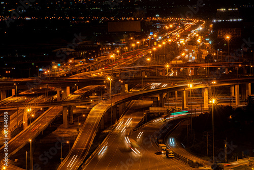 Highway and overpass in Bangkok city at night  road and aerial view