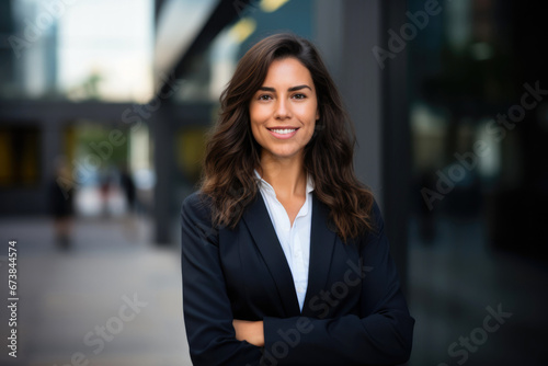 Smiling corporate portrait of CEO business woman, company manager outdoor office building.