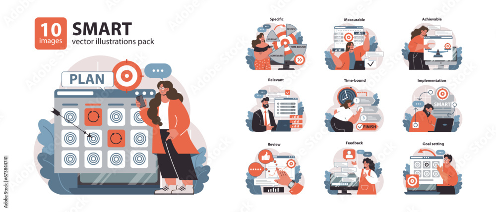 Fototapeta premium SMART objectives set. Professionals tackle goals with clear criteria. Specific, measurable, achievable steps. Time-bound tasks, constructive feedback. Flat vector illustration.