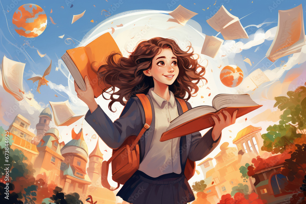 Happy girl in trendy outfit smiling and looking away while standing with books in university campus. Back to school concept. Generative AI