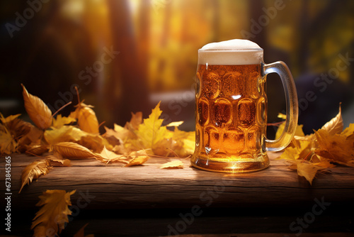 Glass with beer, beer mug or beer stands on wooden table with autumn leaves in autumnal surroundings - theme beer, alcohol and Oktoberfest photo