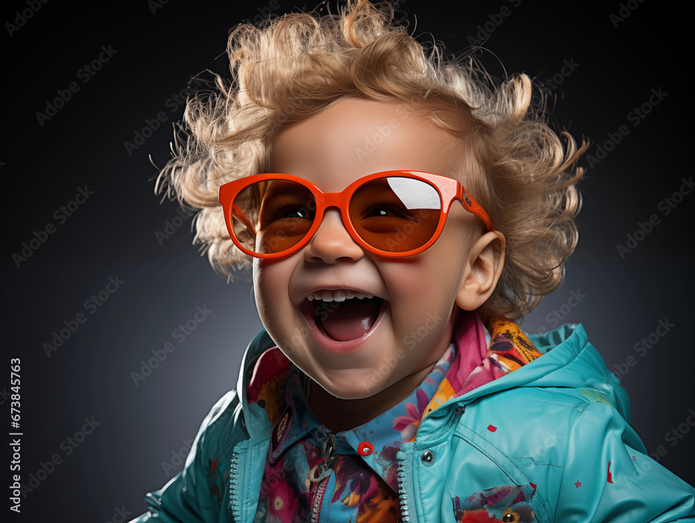 Süßes Baby mit Sonnenbrille und fliegenden Haaren lacht mit Zähnen lustig, ai generatv