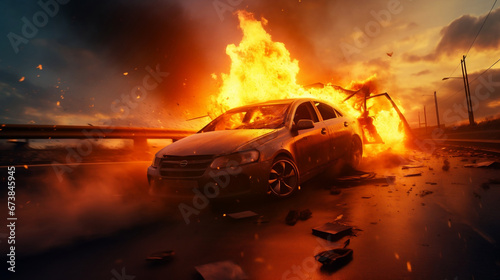 Crashed accident car on fire on highway road at sunset © BeautyStock