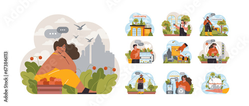 Fototapeta Naklejka Na Ścianę i Meble -  Urban gardening set. Residents nurturing plants amidst cityscape. Landscaping, community gardens, and composting. Sustainable living in urban settings. Permaculture practices. Flat vector illustration