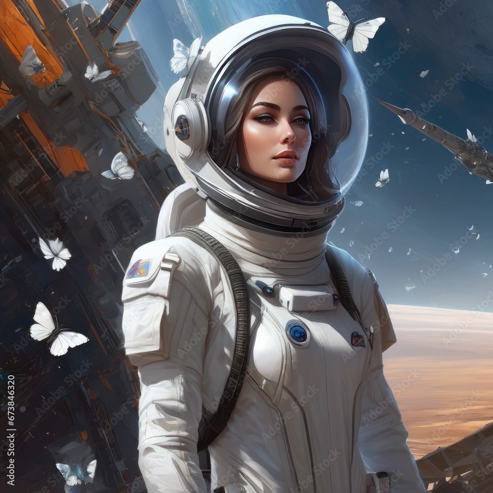 Girl and butterflies. A brunette astronaut girl in a spacesuit surrounded by butterflies. Girl and butterflies. A brunette astronaut girl in a spacesuit surrounded by butterflies.