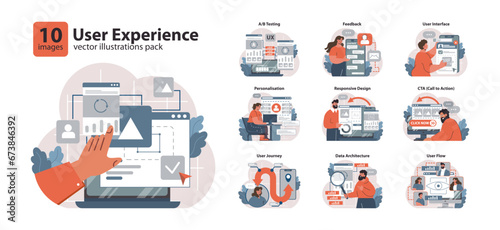 User Experience set. Exploring website features, feedback collection, interface adjustments. Personalizing content, mobile adaptability, user pathways. Analyzing structural data. vector illustration photo