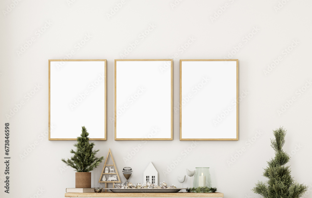 Fototapeta premium Christmas, Frame mockup, interior mockup, Christmas frame mockup, Three wood frame