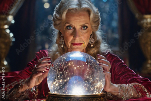 A gypsy woman conjures up images in the crystal ball and makes a prophecy. Lady fortune teller making a prediction as she looks into the crystal ball and sees the future. Session with mystic at fair.