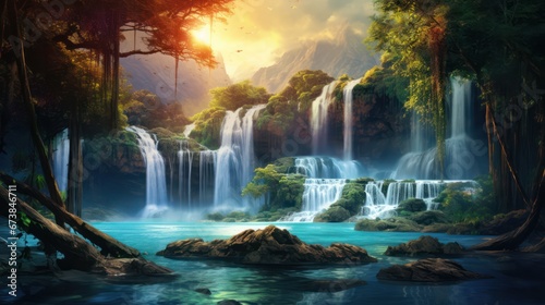 waterfalls and lake, in vibrant colors