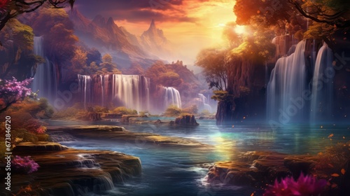 waterfalls and lake, in vibrant colors © Left