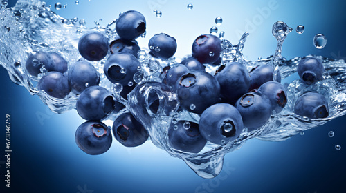 Fresh and delicious blueberry fruits and water splashing isolated on blue background, close up shot.