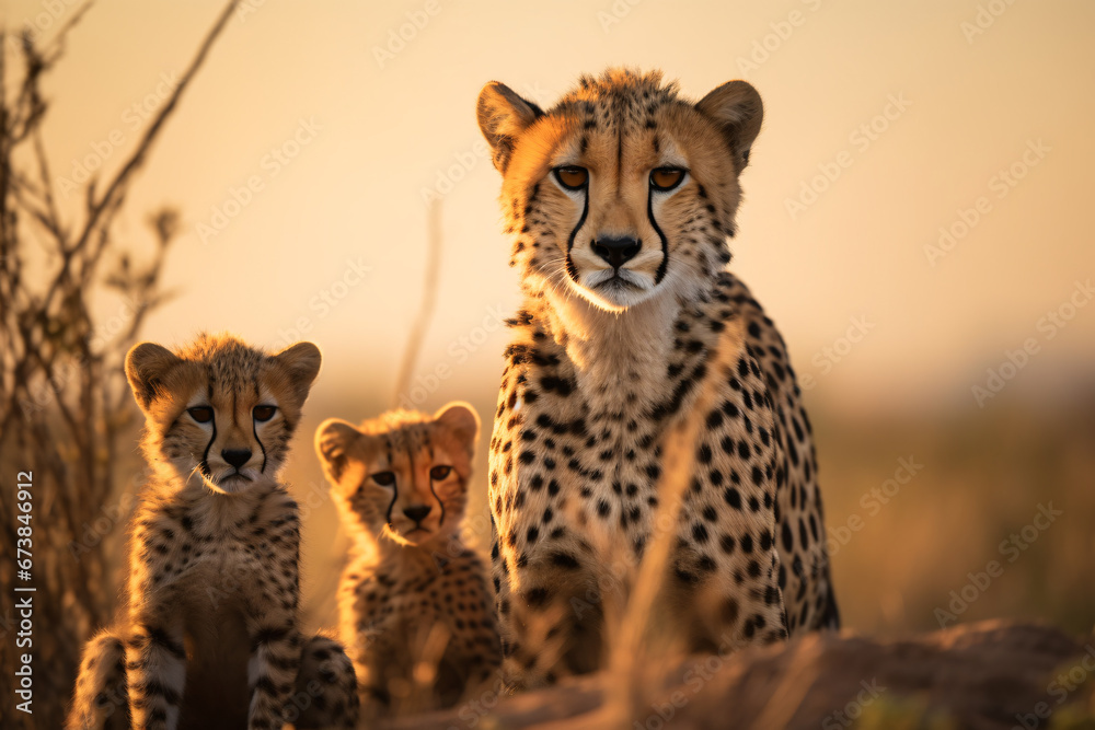 Lovely cheetah family, mother with two cheetah cubs sitting looking at the camera, in savanna grassland. - obrazy, fototapety, plakaty 