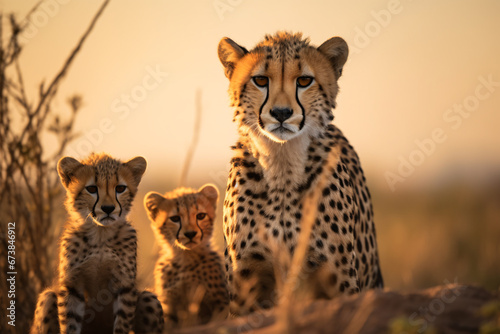 Lovely cheetah family, mother with two cheetah cubs sitting looking at the camera, in savanna grassland. photo