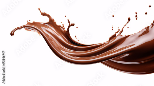 Melted chocolate splash, tasty chocolate wave floating in mid air isolated on white background, close up shot, food background. 