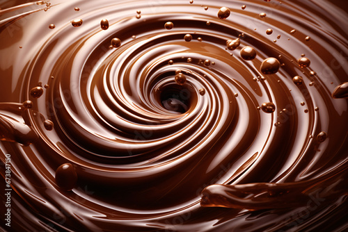 Stiring melted chocolate, chocolate swirl splashing, food background, close up shot. photo