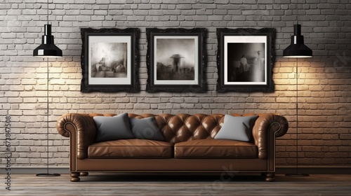 four blank pictures frames above a couch in an expens.Generative AI