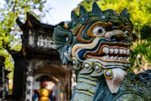 Detailed, blue-green dragon statue at the Thien Tru Temple near the Perfume Pagoda in Hanoi. photo
