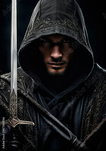 a man in a hoodie holding a sword