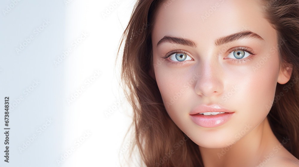 Naklejka premium Young woman with smooth healthy skin. Beautiful young looking woman happy smiling, beauty and cosmetics advertising concept. 