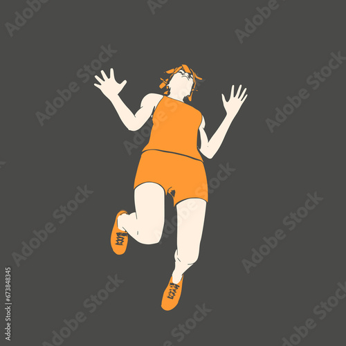 Jumping beautiful woman. Sport girl illustration. Young woman wearing workout clothes. Sport fashion girl outline in urban casual style.