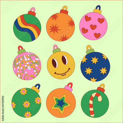 Groovy Christmas vibe set tree balls and toys in trendy retro 60s hippie linear cartoon style. Merry Christmas and Happy New year decor elements. Vector illustration on white background