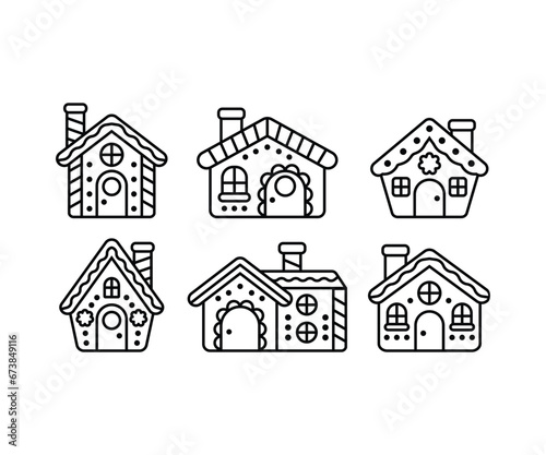 set of gingerbread christmas houses icons vector illustration collection simple line black white style isolated