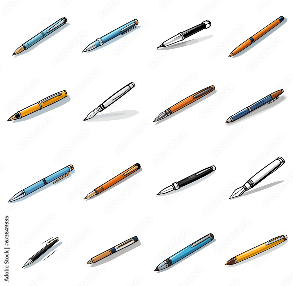 ensemble de stylo à bille, feutre et style à plume, isolé sur fond transparent