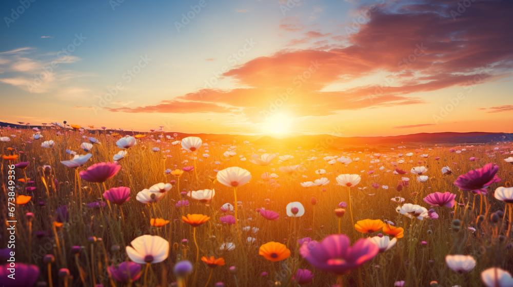 a golden-hued field of wildflowers beneath a radiant sunset, celebrating the beauty of nature's simplicity