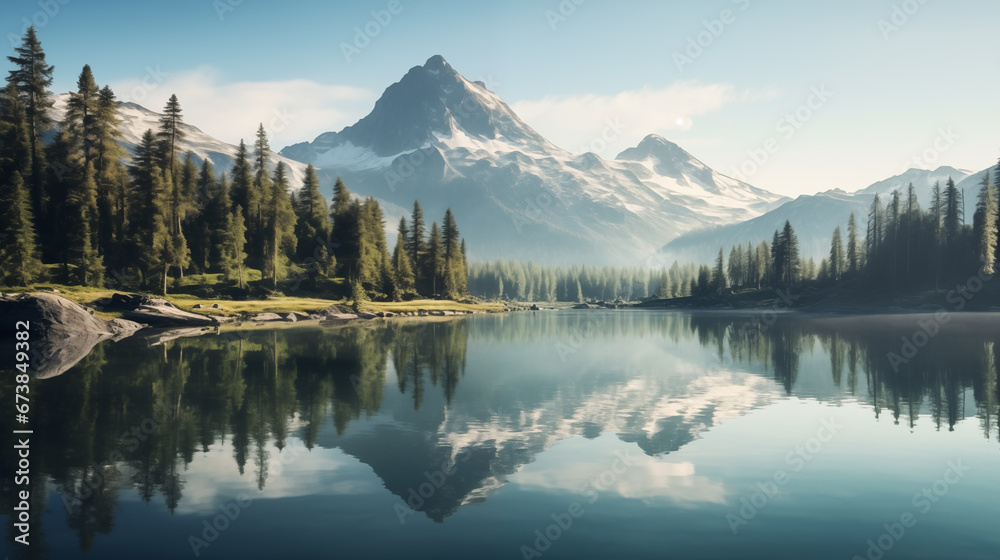 breathtaking beauty of a serene mountain lake reflecting the surrounding peaks at sunrise
