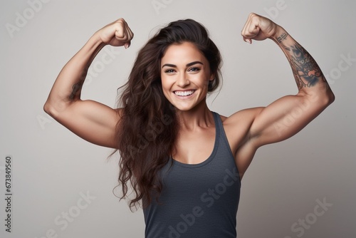 young woman with tattoo on her hand showing her biceps in pastel color studio background
