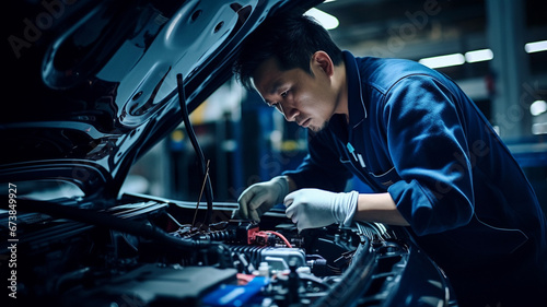 Skilled technician performing maintenance on an electric car in a well-equipped workshop. © HADAPI