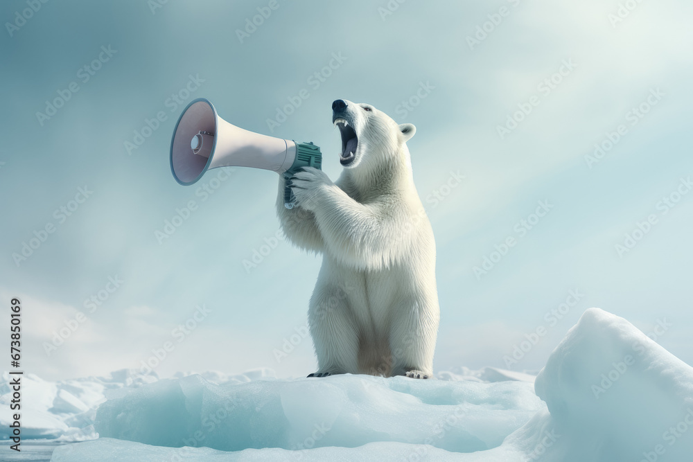 Polar bear as protester with megaphone stands on the ice. Global climate change concept. - obrazy, fototapety, plakaty 