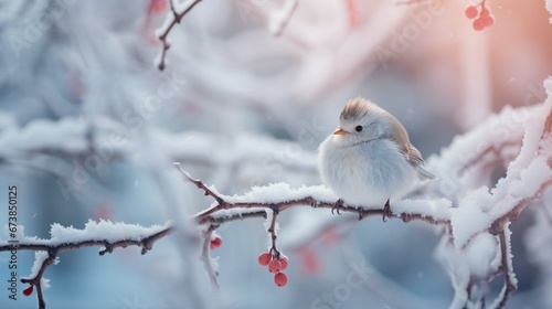 Little cute fluffy white bird in hoarfrost on a branch under the snow in the Christmas park. Bird as a symbol of Christmas and New Year