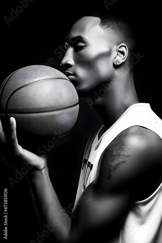 African American basketball player with basketball, black and white portrait © Demencial Studies