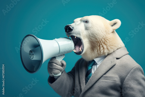 Polar bear with megaphone as an activist protesting. Global climate change concept. Portrait close-up on blue.