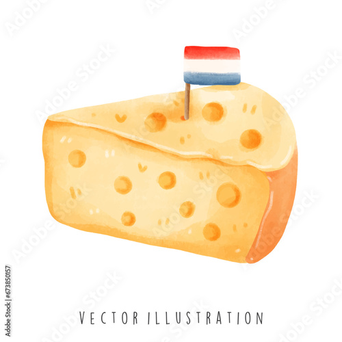 Holland symbol landmarks with dutch cheese in watercolor style. Vector illustration