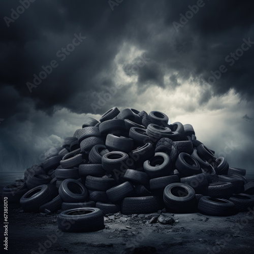 Pile of used old car tires at landfill. Dark sky on background. Environmental pollution concept.