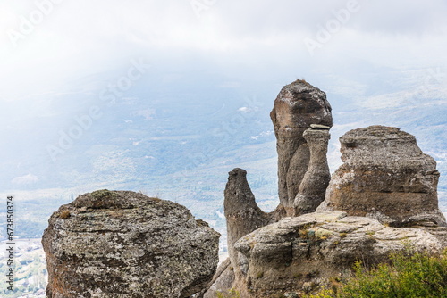 Mysterious mountain landscape of the Valley of Ghosts, a cluster of strangely shaped rocks on the western slope of Mount Demerdzhi in Crimea