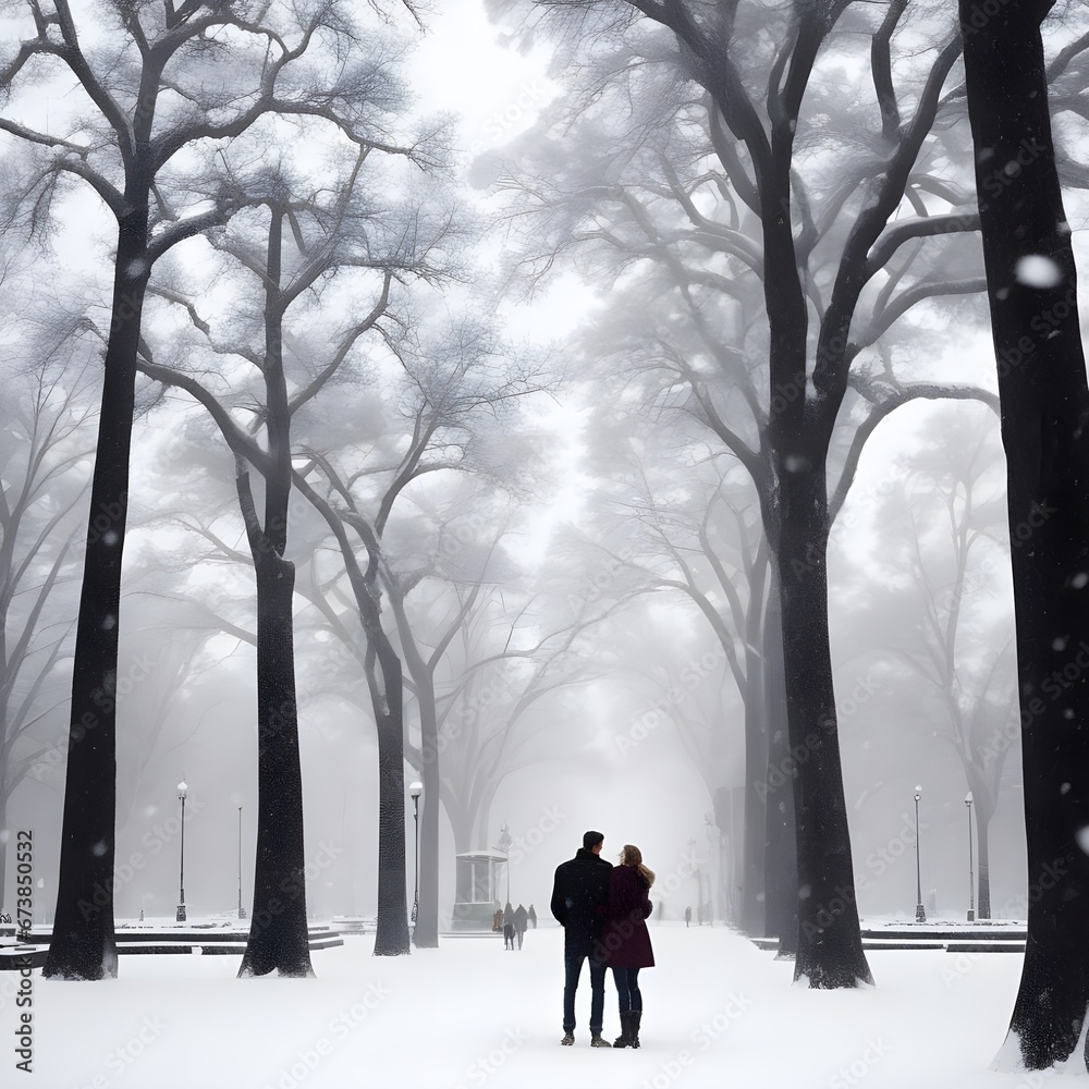 christmas snowy days big trees snowmen streets people luminaries. Generative AI christmas snowy days big trees snowmen streets people luminaries. Generative AI