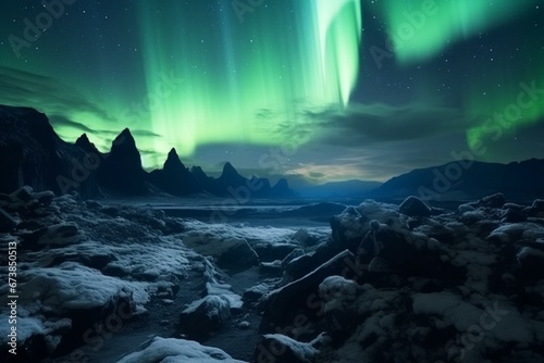 Scenic aurora illuminating rocky terrain. Majestic lights with space for text. Generative AI