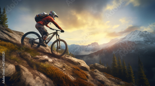 Cyclist Riding the Bike Down the Rock at Sunrise in the Beautiful Mountains on the Background. Extreme Sport and Enduro Biking Concept. © PaulShlykov